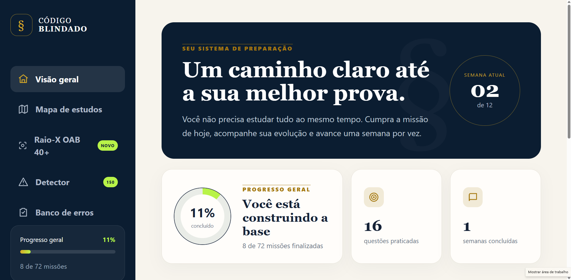 Área de acesso do Código Blindado com visão geral, mapa de estudos, Detector, Banco de Erros e acompanhamento de progresso